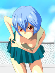 Rule 34 | 1girl, :|, adjusting clothes, alternate costume, ayanami rei, bad id, bad pixiv id, bent over, blue hair, breasts, casual, chain-link fence, cleavage, closed mouth, cloud, collarbone, cowboy shot, day, downblouse, emz, expressionless, extended downblouse, fence, hair between eyes, hanging breasts, highres, looking at viewer, miniskirt, neon genesis evangelion, nipple slip, nipples, no bra, outdoors, pleated skirt, red eyes, shirt, short hair, skirt, sky, small breasts, solo, tank top, view between breasts