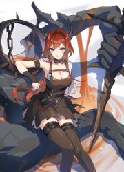Rule 34 | 1girl, arknights, black thighhighs, clang, demon, demon girl, demon horns, detached collar, dress, holding, holding weapon, horns, infection monitor (arknights), long hair, looking at viewer, red hair, solo, surtr (arknights), sword, thigh strap, thighhighs, weapon