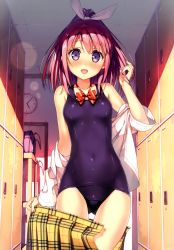 Rule 34 | 1girl, absurdres, bag, bare shoulders, blush, bow, bowtie, clock, covered navel, highres, kantoku, locker, locker room, looking at viewer, one-piece swimsuit, open mouth, original, pink hair, plaid, plaid skirt, pleated skirt, ponytail, purple eyes, scan, school swimsuit, shiny clothes, skirt, smile, solo, swimsuit, swimsuit under clothes, undressing, unworn skirt, wall clock, wide ponytail
