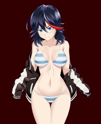 Rule 34 | 1girl, absurdres, black hair, blue eyes, bra, breasts, closed mouth, highres, jacket, jacket partially removed, kill la kill, matoi ryuuko, multicolored hair, navel, panties, porougon, red hair, simple background, standing, stomach, striped bra, striped clothes, striped panties, thigh gap, underwear