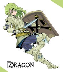 Rule 34 | 1girl, 7th dragon, 7th dragon (series), amami amayu, armor, couter, from side, frown, green eyes, green hair, head tilt, kate (7th dragon), knight (7th dragon), matching hair/eyes, pants, shield, shirt, simple background, solo, striped clothes, striped pants, striped shirt, sword, vertical-striped clothes, vertical-striped pants, vertical-striped shirt, weapon