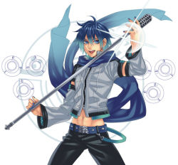Rule 34 | 1boy, abs, bad id, bad pixiv id, belt, blue eyes, blue hair, blue scarf, hatake michi, hatakemichi, jacket, kaito (vocaloid), male focus, matching hair/eyes, microphone, microphone stand, midriff, nail polish, scarf, short hair, smile, solo, vocaloid