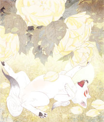 Rule 34 | animal, bad id, bad pixiv id, chibiterasu, faux traditional media, flower, lying, no humans, nobingo, on back, ookami (game), ookamiden, open mouth, solo, wolf