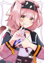 Rule 34 | 1girl, absurdres, animal ears, arknights, braid, cat ears, cat tail, coat, goldenglow (arknights), hairband, highres, lightning bolt symbol, pink coat, pink hair, shirt, tail, white shirt, yellow eyes, yokuto