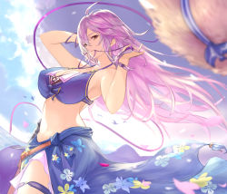 Rule 34 | 1girl, ahoge, bare shoulders, bikini, bikini top only, blue sky, bracelet, breasts, cloud, commentary request, dutch angle, granblue fantasy, hair ribbon, hat, unworn hat, unworn headwear, highres, jewelry, large breasts, long hair, looking at viewer, mouth hold, navel, nos, ribbon, ribbon in mouth, sarong, silva (granblue fantasy), silver hair, sky, solo, straw hat, swimsuit, thigh strap, yellow eyes