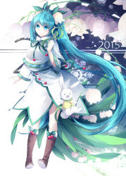 Rule 34 | 10s, 1girl, 2015, aqua eyes, aqua hair, bad id, bad pixiv id, boots, rabbit, capelet, flower, hatsune miku, knee boots, lily of the valley, long hair, lyodi, smile, snowflake print, snowflakes, solo, twintails, very long hair, vocaloid, yuki miku, yukine (vocaloid)