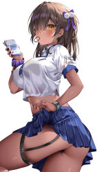 Rule 34 | 1girl, @shun, ass, black nails, blue necktie, blue skirt, blush, bra visible through clothes, breasts, brown hair, cellphone, closed mouth, clothes lift, collared shirt, commentary, cropped shirt, dark-skinned female, dark skin, diagonal-striped clothes, diagonal-striped necktie, eyes visible through hair, feet out of frame, from side, garter straps, goddess of victory: nikke, hair between eyes, hair ornament, hair ribbon, hair tie in mouth, highres, holding, holding phone, large breasts, lifted by self, looking at viewer, medium hair, midriff, miniskirt, mole, mole under mouth, mouth hold, naga (nikke), nail polish, navel, necktie, parted lips, phone, pleated skirt, purple ribbon, ribbon, school uniform, scrunchie, see-through, see-through shirt, shirt, short sleeves, simple background, skirt, skirt lift, smartphone, smartwatch, solo, standing, striped clothes, thigh strap, watch, white background, white shirt, wing collar, wrist scrunchie, wristband, wristwatch, yellow eyes