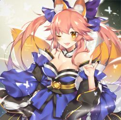 Rule 34 | 10s, 1girl, animal ear fluff, animal ears, blue ribbon, breasts, bug, butterfly, cleavage, detached sleeves, fang, fate/extra, fate/grand order, fate (series), fox ears, fox shadow puppet, fox tail, hair ribbon, bug, japanese clothes, large breasts, looking at viewer, moon, multiple tails, open mouth, pink hair, ribbon, tail, tamamo (fate), tamamo no mae (fate/extra), twitter username, type-moon, xionfes, yellow eyes
