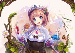 Rule 34 | 1girl, :d, atelier (series), atelier rorona, belt, blunt bangs, blush, breasts, brown hair, bug, butterfly, cape, chameleon, chemistry, cleavage, compass (instrument), corset, erlenmeyer flask, flask, flower, frills, hair over shoulder, hat, hat feather, head tilt, holding, insect, jurrig, leaf, long hair, long sleeves, looking at viewer, medium breasts, open mouth, pencil, pink hat, polka dot, polka dot background, revision, rororina fryxell, smile, solo, test tube, white cape