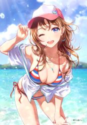Rule 34 | 1girl, absurdres, bare shoulders, baseball cap, bikini, blue eyes, blue sky, blurry, blurry background, blush, breasts, brown hair, buttons, cleavage, cloud, cloudy sky, day, earrings, fingernails, hand up, hat, highres, jacket, jewelry, leaning forward, lips, long hair, looking at viewer, medium breasts, morikura en, nail polish, navel, necklace, ocean, off shoulder, one eye closed, open mouth, original, outdoors, scan, shiny skin, short sleeves, side-tie bikini bottom, simple background, sky, smile, solo, stomach, striped bikini, striped clothes, swimsuit, teeth, thighs, water, water drop, zipper, zipper pull tab
