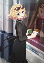 Rule 34 | 1girl, :d, absurdres, black dress, blonde hair, blue eyes, croissant, cup, disposable cup, dress, eyewear on head, food, glasses, highres, hirayama kanna, holding, holding cup, holding food, jewelry, kanojo okarishimasu, long sleeves, looking at viewer, nanami mami, necklace, official art, open mouth, outdoors, reflection, short hair, smile, solo, standing, sunglasses, window