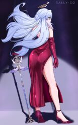 Rule 34 | 1girl, absurdres, ass, dress, elbow gloves, from side, full body, gloves, halo, high heels, highres, honkai: star rail, honkai (series), microphone, off-shoulder dress, off shoulder, purple hair, red dress, robin (honkai: star rail), sally-co, self-upload, solo, spotlight, thighs, tight clothes, tight dress, wings