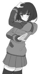 Rule 34 | 1girl, arm up, blush, closed mouth, greyscale, highres, hood, hood down, hooded jacket, jacket, long sleeves, looking at viewer, monochrome, original, pleated skirt, short hair, simple background, skirt, solo, thighhighs, white background, yakob labo