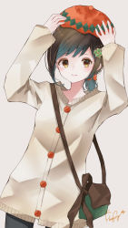 Rule 34 | 1girl, alternate costume, bag, black hair, brown eyes, cardigan, commentary request, cowboy shot, dress, fubuki (kancolle), grey background, haggy, highres, kantai collection, looking at viewer, low ponytail, multicolored clothes, multicolored headwear, one-hour drawing challenge, ponytail, short ponytail, sidelocks, signature, simple background, solo