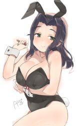 1girl animal_ear_hairband animal_ears arm_under_breasts bare_shoulders black_hair black_hairband black_leotard blush bow breasts cleavage closed_mouth collarbone dot_nose ebihara_naho fake_animal_ears fake_tail from_side green_eyes hairband hand_up idolmaster idolmaster_cinderella_girls idolmaster_cinderella_girls_starlight_stage large_breasts leotard long_hair looking_at_viewer playboy_bunny rabbit_ear_hairband rabbit_ears red_bow rkrk signature simple_background smile solo strapless strapless_leotard tail thick_eyebrows white_background white_wrist_cuffs wrist_cuffs