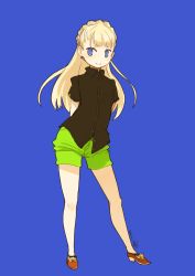 Rule 34 | 1girl, arms behind back, black shirt, blonde hair, blue background, blue eyes, blunt bangs, braid, closed mouth, dated, earrings, full body, green shorts, highres, jewelry, long hair, looking at viewer, mota, original, red footwear, shirt, shoes, short sleeves, shorts, simple background, smile, solo, standing