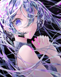 Rule 34 | 1girl, black background, blood, blood from mouth, blood on face, blood on hands, blue eyes, blue hair, collared shirt, floating hair, from side, grey shirt, hair between eyes, hatsune miku, highres, long hair, looking at viewer, parted lips, saksak mocchiri, shirt, sleeveless, sleeveless shirt, solo, upper body, very long hair, vocaloid, wing collar