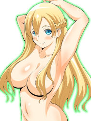 Rule 34 | 1girl, armpits, arms up, blonde hair, blue eyes, blush, braid, breasts, closed mouth, convenient censoring, hair censor, hair over breasts, highres, large breasts, long hair, looking at viewer, mint (summon night), mole, mole under eye, navel, nude, simple background, smile, solo, standing, summon night, white background
