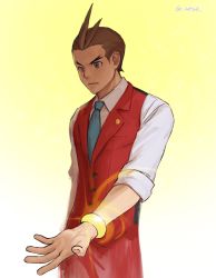 Rule 34 | 1boy, ace attorney, antenna hair, apollo justice, apollo justice: ace attorney, artist name, blue necktie, bracelet, breast pocket, brown eyes, brown hair, buttons, closed mouth, collared shirt, cowboy shot, dated, forehead, forked eyebrows, glowing, godzillapigeon1, gradient background, highres, jewelry, looking down, male focus, matching hair/eyes, necktie, pants, pin, pocket, red pants, red vest, shirt, short hair, signature, simple background, sleeves rolled up, solo, standing, v-shaped eyebrows, vest, white shirt, yellow background