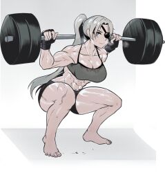 Rule 34 | 1girl, abs, arsonichawt, barbell, blue eyes, breasts, cleavage, exercising, eyepatch, fingerless gloves, gloves, highres, large breasts, long hair, muscular, muscular female, original, shadow, shorts, solo, squatting, sweat, tank top, thick thighs, thighs, veins, veiny arms, very long hair