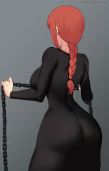 Rule 34 | 1girl, artist name, ass, black background, black dress, braid, breasts, chain, chainsaw man, curvy, dress, from behind, highres, hioyami, huge ass, large breasts, long hair, makima (chainsaw man), red hair, solo, wide hips