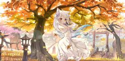 Rule 34 | 1girl, absurdres, animal ears, architecture, autumn leaves, cat ears, double-parted bangs, dress, east asian architecture, hair ornament, henzer, highres, long hair, original, red eyes, solo, white dress, white hair