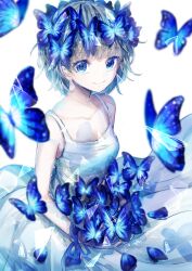 Rule 34 | 1girl, absurdres, bare arms, bare shoulders, blue butterfly, blue eyes, blue ribbon, blue theme, breasts, bug, butterfly, butterfly on hand, closed mouth, collarbone, dress, glass shards, grey hair, highres, hitoba, insect, original, ribbon, simple background, sleeveless, sleeveless dress, small breasts, smile, solo, sundress, too many, too many butterflies, white background, white dress, wrist ribbon