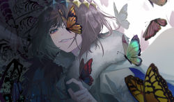 Rule 34 | 1boy, absurdres, artist request, bishounen, blue eyes, bug, butterfly, cape, cloak, crown, dark persona, diamond hairband, evil smile, fate/grand order, fate (series), fur-trimmed cape, fur-trimmed cloak, fur trim, gold trim, highres, insect, looking at viewer, male focus, oberon (fate), oberon (third ascension) (fate), official alternate costume, one eye closed, smile, solo, spoilers, transformation, white fur