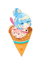Rule 34 | 2girls, artist name, blue eyes, blue hair, candy, chibi, chocolate, chocolate heart, commentary request, copyright name, double scoop, eyes visible through hair, food, heart, highres, ice, ice cream, ice cream cone, kagamihara nadeshiko, long hair, melting, mint (mintlemonade3), multiple girls, name tag, open mouth, pink hair, purple eyes, shima rin, signature, simple background, spoon, sweat, white background, yurucamp, | |