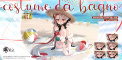 Rule 34 | 1girl, :o, azur lane, bare shoulders, barefoot, beach, byulzzi, expressionless, flower, hair between eyes, hat, highres, hugging own legs, looking at viewer, maestrale (azur lane), maestrale (lonesome beachfarer) (azur lane), manjuu (azur lane), multicolored hair, ocean, official alternate costume, official art, outdoors, promotional art, red eyes, red hair, sardegna empire (emblem), shovel, silver hair, sitting, straw hat, streaked hair, swimsuit, thigh strap, watermark