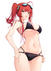 Rule 34 | 1girl, absurdres, azur lane, bare arms, bare shoulders, bikini, black bikini, breasts, brown eyes, cowboy shot, goggles, goggles on head, highres, large breasts, long hair, looking at viewer, medium breasts, navel, o-ring, o-ring bikini, red hair, side ponytail, simple background, solo, stomach, swimsuit, white background, zara (azur lane), zara (poolside coincidence) (azur lane), ziro (zirorong)