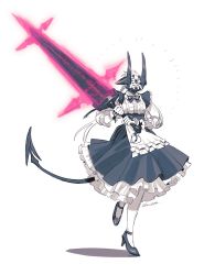 Rule 34 | 1boy, absurdres, apron, artist name, au ra, warrior of light (ff14), black dress, black horns, bow, bowtie, braid, braided ponytail, center frills, closed mouth, collared dress, colored skin, commentary, cuffs, dark knight (final fantasy), dress, english commentary, closed eyes, final fantasy, final fantasy xiv, frilled dress, frills, full body, glasses, greatsword, happy, high heels, highres, holding, holding sword, holding weapon, horns, huge weapon, long hair, long sleeves, long tail, maid, maid apron, maid headdress, male focus, medium dress, pantyhose, puffy long sleeves, puffy sleeves, round eyewear, scales, shoes, shuuzaar, simple background, single braid, smile, solo, sword, tail, very long hair, waist apron, walking, weapon, white apron, white background, white pantyhose, white skin, wing collar