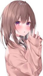 Rule 34 | 1girl, absurdres, black necktie, blush, brown hair, brown sweater, collared shirt, commentary request, hair between eyes, hands up, highres, komomo (ptkrx), long sleeves, looking at viewer, looking to the side, necktie, original, parted lips, purple eyes, school uniform, shirt, simple background, sleeves past wrists, solo, steepled fingers, sweater, upper body, white background, white shirt