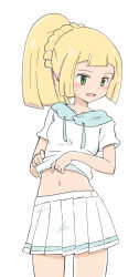 Rule 34 | 1girl, absurdres, blonde hair, blush, clothes lift, commentary request, cowboy shot, creatures (company), game freak, green eyes, highres, lifting own clothes, lillie (pokemon), long hair, nagitaro, navel, nintendo, open mouth, pleated skirt, pokemon, pokemon sm, ponytail, sailor collar, shirt, shirt lift, short sleeves, simple background, skirt, solo, tongue, white background, white shirt, white skirt