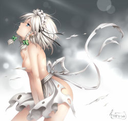 Rule 34 | 1girl, apron, blue eyes, braid, censored, convenient censoring, earrings, expressionless, female focus, izayoi sakuya, jewelry, looking up, maid headdress, naked apron, profile, short hair, silver hair, solo, tidsean, topless, torn clothes, touhou, twin braids, waist apron
