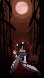 Rule 34 | 1girl, animal ears, aura, brooch, brown hair, dress, fang, fingernails, full moon, highres, imaizumi kagerou, jewelry, long fingernails, long hair, long sleeves, moon, nj42u6, red eyes, red moon, slit pupils, smile, solo, tail, touhou, wide sleeves, wolf ears, wolf tail