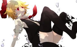 Rule 34 | 1girl, bad id, bad nicoseiga id, black thighhighs, blonde hair, bubble, female focus, hair ribbon, highres, long sleeves, necktie, ogami ren, onoue ren, open mouth, puffy sleeves, red eyes, red necktie, ribbon, rumia, short hair, solo, thighhighs, touhou, underwater, white background