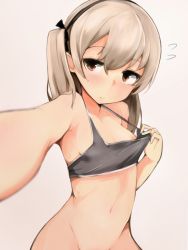 Rule 34 | 10s, 1girl, armpits, bad id, bad twitter id, bare shoulders, beige background, black bra, black ribbon, blonde hair, blush, bottomless, bra, bra pull, breasts, brown eyes, cleavage, clothes pull, collarbone, flying sweatdrops, foreshortening, girls und panzer, gradient background, groin, hair between eyes, hair ribbon, hairband, highres, inactive account, light smile, low twintails, muoto, navel, out-of-frame censoring, outstretched arm, reaching, reaching towards viewer, ribbon, selfie, shimada arisu, short hair, sideboob, simple background, small breasts, solo, sports bra, sports bra pull, standing, stomach, sweatdrop, twintails, underwear, white background