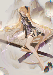 Rule 34 | 1girl, arknights, bare legs, barefoot, black bow, black footwear, blonde hair, bow, breasts, closed mouth, dress, eyebrows hidden by hair, folded fan, folding fan, hair bow, hand fan, high heels, highres, holding, holding fan, indigo (arknights), indigo (serene day) (arknights), long hair, long sleeves, medium breasts, mountain, official alternate costume, one side up, pointy ears, purple eyes, samo (shichun samo), shoes, single shoe, sitting, sleeves past wrists, solo, test tube, thigh strap, unworn shoe, unworn shoes, very long hair