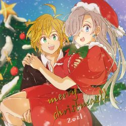 Rule 34 | 1boy, 1girl, 2021, :d, ahoge, black jacket, blonde hair, blue eyes, blurry, blurry background, bow, bowtie, grabbing another&#039;s breast, capelet, carrying, christmas, christmas tree, collarbone, collared shirt, couple, dress, earrings, elizabeth liones, floating hair, fur-trimmed capelet, fur-trimmed headwear, fur trim, grabbing, green bow, green bowtie, green eyes, hair over one eye, hands on another&#039;s shoulder, hat, hetero, highres, jacket, jewelry, long hair, looking at viewer, meliodas, merry christmas, nanatsu no taizai, open mouth, princess carry, red capelet, red dress, red headwear, santa hat, shirt, short dress, short hair, silver hair, smile, sparkle, spring (mmm 15250), twitter username, white shirt, wing collar