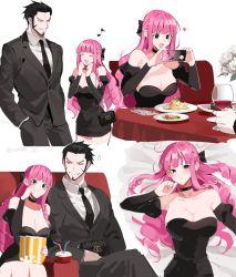 Rule 34 | 1boy, 1girl, :d, ^ ^, bag, beard, black choker, black dress, black hair, black necktie, black sleeves, breasts, cellphone, choker, cleavage, closed eyes, closed mouth, collarbone, cup, detached sleeves, dishes, dracule mihawk, dress, drinking glass, closed eyes, facial hair, flower, food, fork, formal, heart, holding, holding phone, joman, knife, korean commentary, large breasts, long hair, looking at another, looking at viewer, lying, musical note, necktie, on back, one piece, open mouth, perona, phone, pink hair, plate, rose, short hair, smile, suit, tears, twitter username, white flower, white rose, wine glass