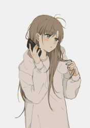 Rule 34 | 1girl, antenna hair, bad id, bad pixiv id, blush, brown eyes, brown hair, cellphone, earrings, film grain, fingernails, grey background, holding, holding phone, jewelry, lococo:p, long hair, original, parted lips, phone, playing with own hair, simple background, sketch, solo, talking on phone, towel, towel around neck