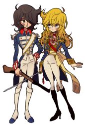 Rule 34 | 1boy, 1girl, andre grandier, androgynous, black hair, blonde hair, blue eyes, blue jacket, boots, closed mouth, epaulettes, frown, full body, gun, hair over one eye, high heel boots, high heels, holding, holding gun, holding sword, holding weapon, jacket, knee boots, long hair, long sleeves, looking at another, meremero, oscar francois de jarjayes, pants, rapier, red sash, rifle, sash, simple background, smile, standing, sword, versailles no bara, weapon, white background, white pants, white sash