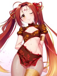Rule 34 | 1girl, ahoge, arms behind back, breasts, brown eyes, brown hair, china dress, chinese clothes, dress, facial mark, fate/grand order, fate (series), fishnet pantyhose, fishnets, forehead mark, highres, migi12hidari8, navel, nezha (fate), one eye closed, pantyhose, small breasts, smile, solo, thighlet, twintails