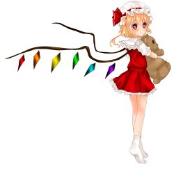 Rule 34 | 1girl, bad id, bad pixiv id, blonde hair, blouse, bow, dress, flandre scarlet, frilled dress, frilled shirt, frilled skirt, frills, gradient eyes, hat, hat bow, highres, holding, hugging doll, hugging object, koyashaka, looking at viewer, looking back, mob cap, multicolored eyes, no shirt, puffy sleeves, red dress, red eyes, red shirt, red skirt, shirt, short sleeves, side ponytail, simple background, skirt, skirt set, socks, solo, standing, stuffed animal, stuffed toy, teddy bear, touhou, transparent background, white background, white socks, wings