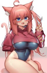 Rule 34 | 1girl, ahoge, animal ear fluff, animal ears, blue eyes, blue one-piece swimsuit, blush, breasts, cat ears, cat girl, cat tail, competition swimsuit, covered navel, highleg, highleg swimsuit, highres, hood, hoodie, kaptivate, large breasts, long hair, long sleeves, looking at viewer, one-piece swimsuit, open mouth, original, red hair, scissors, sitting, sleeves past fingers, sleeves past wrists, smile, solo, sweater, swimsuit, tail, thighs