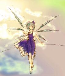 Rule 34 | 1girl, barefoot, blue eyes, blue hair, blush, bow, cirno, daro, dress, female focus, full body, gradient background, hair bow, highres, ice, matching hair/eyes, sketch, solo, touhou, wings
