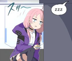 Rule 34 | 1girl, ahoge, alph (sancheck), arknights, black choker, blue eyes, blue poison (arknights), blue poison (elite ii) (arknights), cake, choker, constricted pupils, food, jacket, open mouth, pink hair, purple jacket, shirt, solo, thighhighs, white shirt, zzz