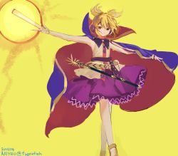 Rule 34 | 1girl, artist name, belt, blonde hair, blue cape, cape, closed mouth, commentary, earmuffs, feet out of frame, fuhao, hair between eyes, highres, holding, looking at viewer, one-hour drawing challenge, outstretched arms, pointy hair, purple belt, purple skirt, red cape, ritual baton, shirt, short hair, skirt, sleeveless, sleeveless shirt, smile, solo, standing, sword, touhou, toyosatomimi no miko, twitter username, two-sided cape, two-sided fabric, weapon, white shirt, yellow eyes, yellow footwear