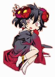 Rule 34 | 1boy, alternate costume, anklet, arm support, bell, black hair, black kimono, chibi, constantine xi (fate), crossdressing, earrings, fate/grand order, fate (series), flower, full body, gloves, gradient kimono, hair between eyes, hair flower, hair ornament, hair stick, japanese clothes, jewelry, jingle bell, kimono, looking down, male focus, no shoes, off shoulder, open mouth, outline, pink eyes, pink outline, red flower, red gloves, red kimono, short hair, simple background, socks, solo, sweatdrop, tabi, touma rui, white background, white socks